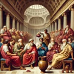 symposiums, where philosophers A historical depiction of Greek and noblemen are drinking wine from clay cups, seated on cushioned couches, discussing